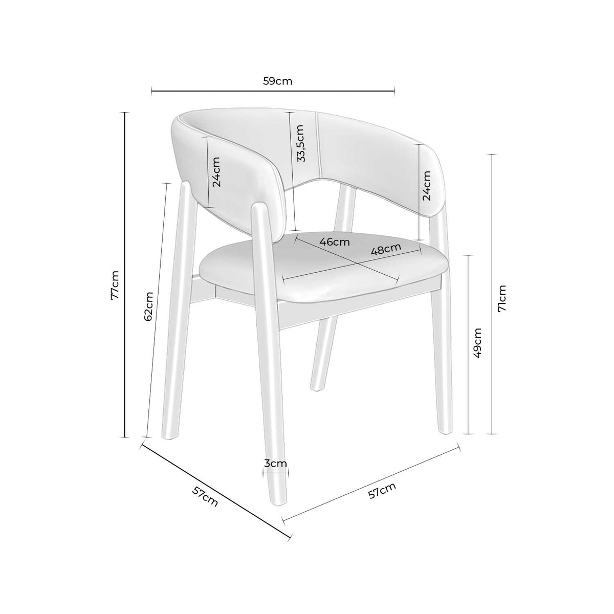 Croquis de medidas de Silla YVANNA con Brazos de Madera Vista