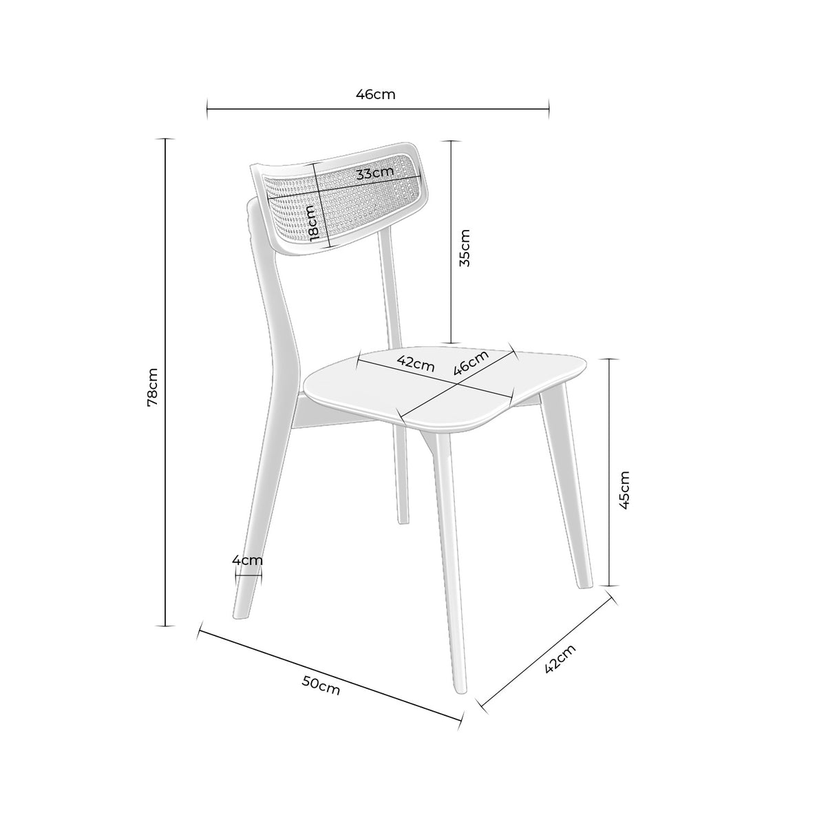 Croquis de medidas de Silla SHIRLEY de Rejilla Cannage