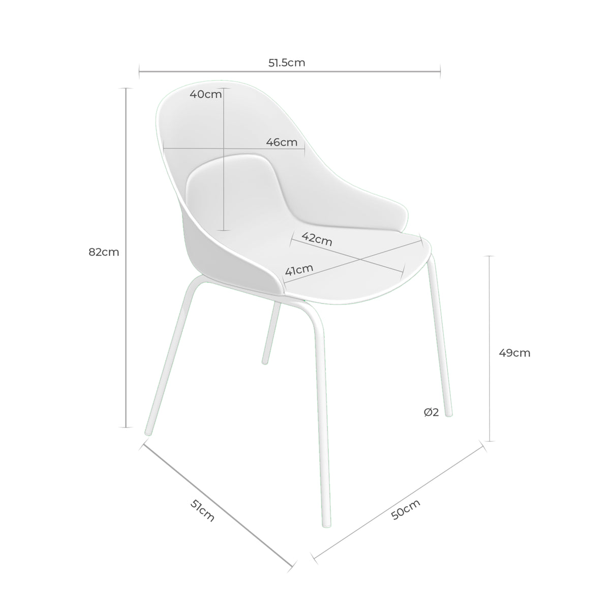 Croquis de medidas de Silla SEPHORA de Concha con Asiento Alto