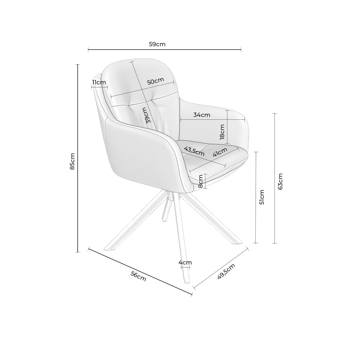 Croquis de medidas de Silla SILVI Giratoria 360º con Brazos