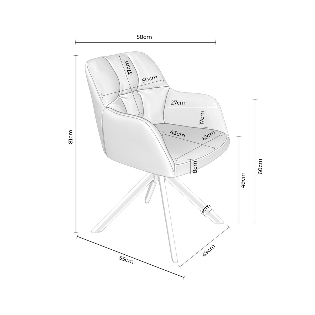 Croquis de medidas de Silla TAIMI Giratoria 360º Acolchada en Cuadrícula