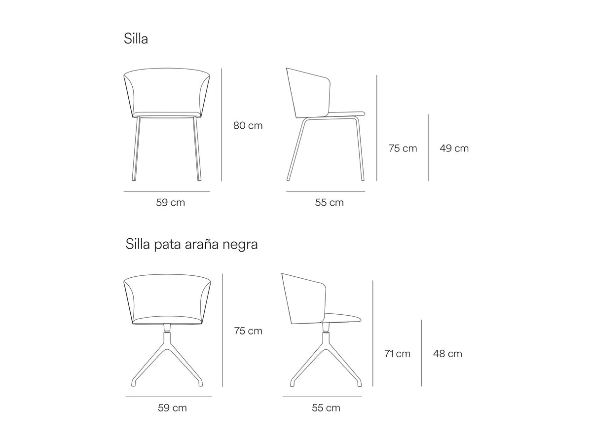 Croquis de medidas de Silla tapizada ADD con respaldo envolvente, con patas o giratoria – Teulat