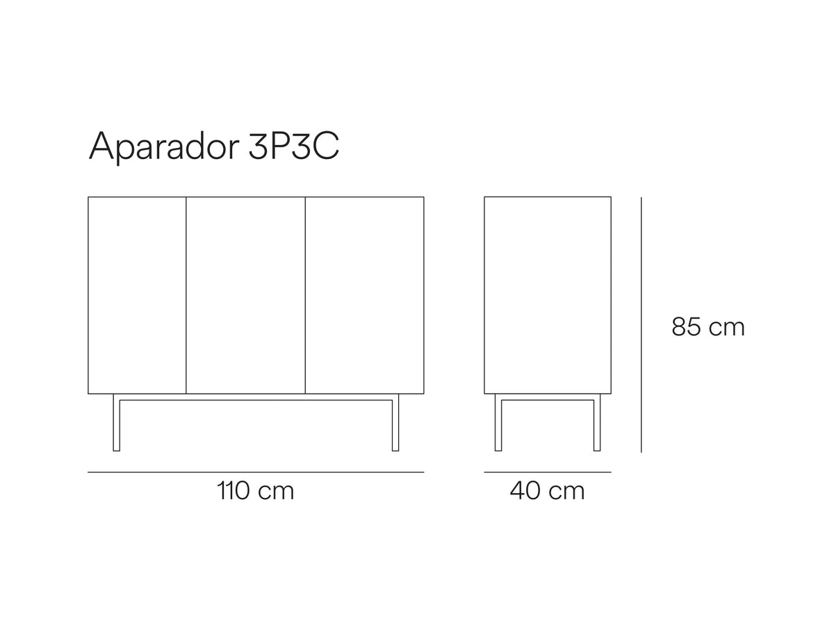 Croquis de medidas de Aparador ARISTA de 110 cm con 3 puertas y 3 cajones – Teulat