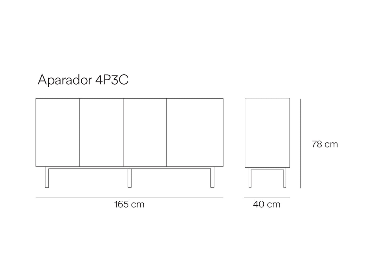 Croquis de medidas de Aparador ARISTA de 165 cm con 4 puertas y 3 cajones – Teulat