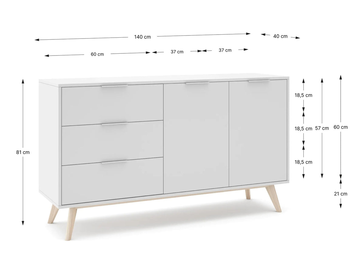 Croquis de medidas de Aparador CAMPUS de 140 cm con 2 puertas y 3 cajones