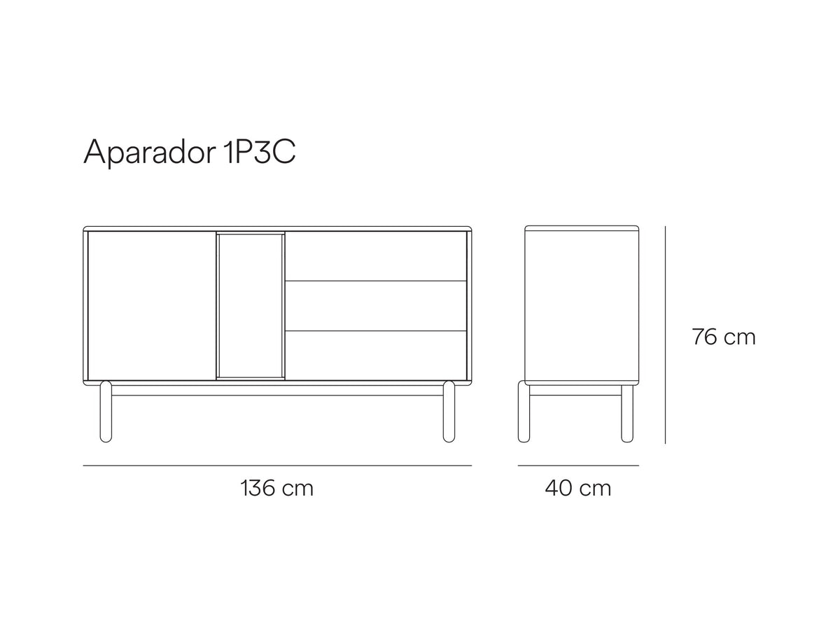 Croquis de medidas de Aparador CORVO de 136 cm con 1 puerta, 3 cajones y 1 nicho – Teulat