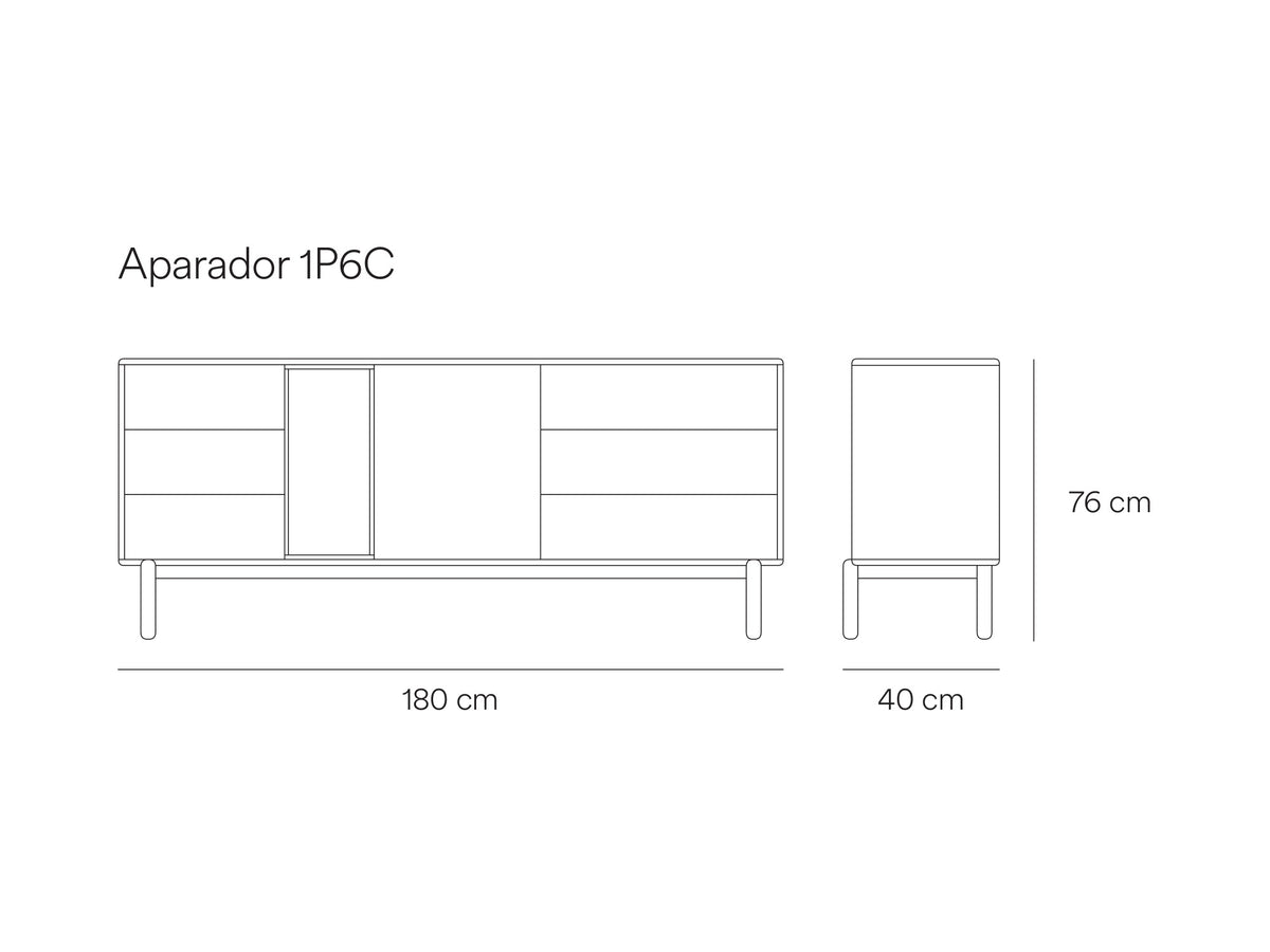 Croquis de medidas de Aparador CORVO de 180 cm con 1 puerta, 6 cajones y 1 nicho – Teulat