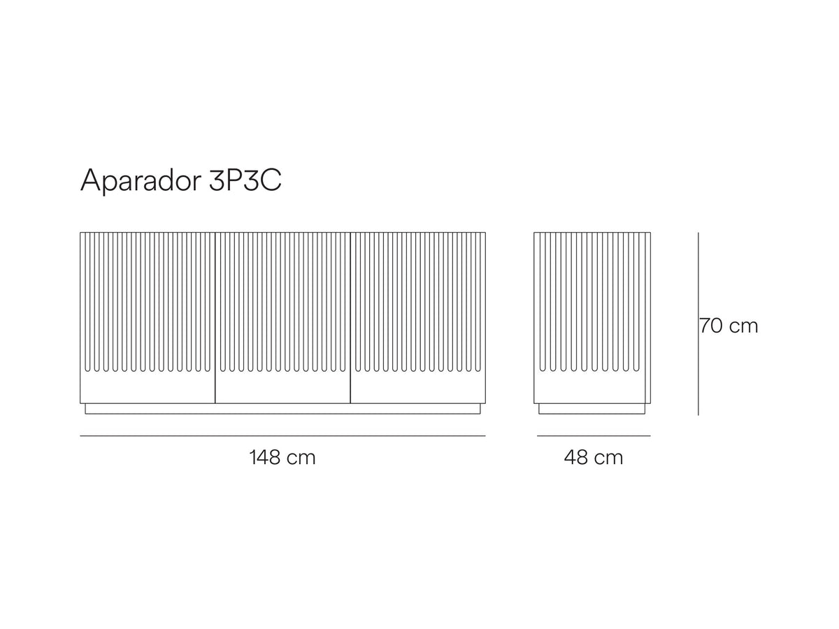 Croquis de medidas de Aparador DORIC de 148 cm con 3 puertas y 3 cajones – Teulat