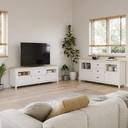 Aparador MUSGO de 180 cm con 2 puertas de cristal y 3 cajones, en blanco, en un salón