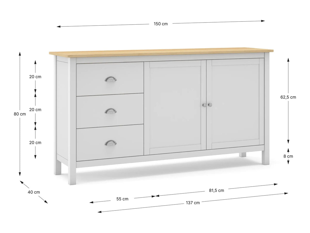 Croquis de medidas de Aparador MUSGO de 150 cm con 2 puertas y 3 cajones