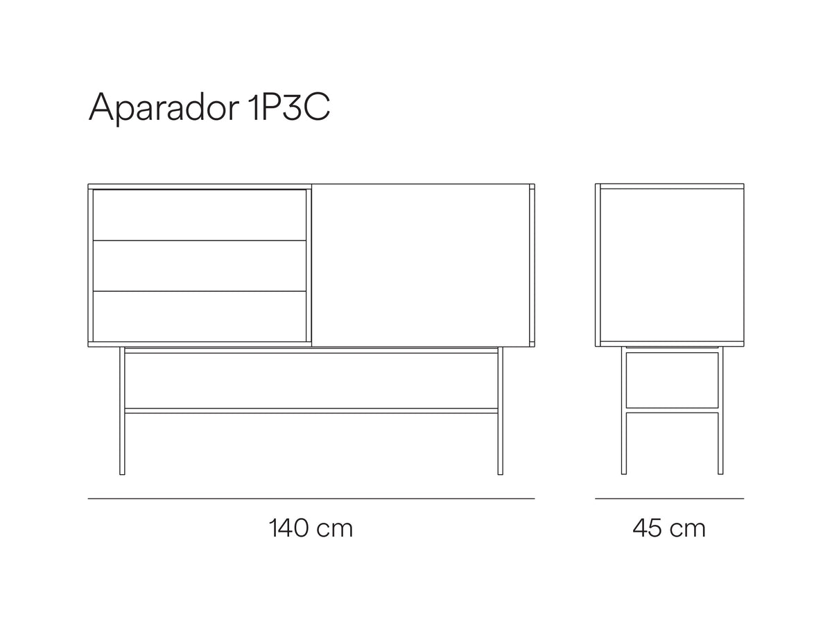 Croquis de medidas de Aparador NUBE de 140 cm con 1 puerta corredera y 3 cajones – Teulat