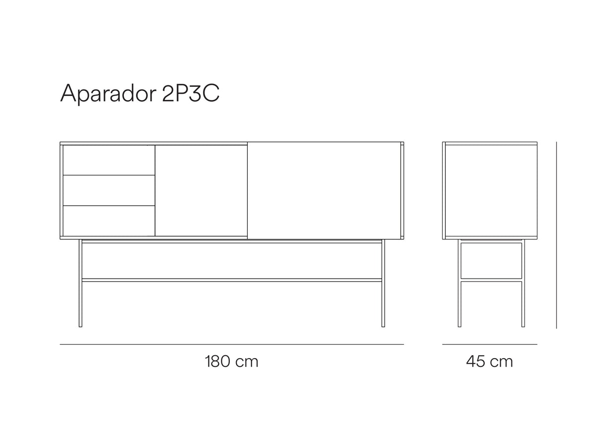 Croquis de medidas de Aparador NUBE de 180 cm con 2 puertas correderas y 3 cajones – Teulat