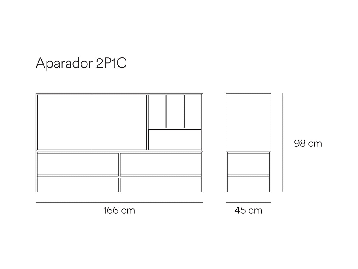 Croquis de medidas de Aparador PLATT de 166 cm con 2 puertas y 1 cajón – Teulat