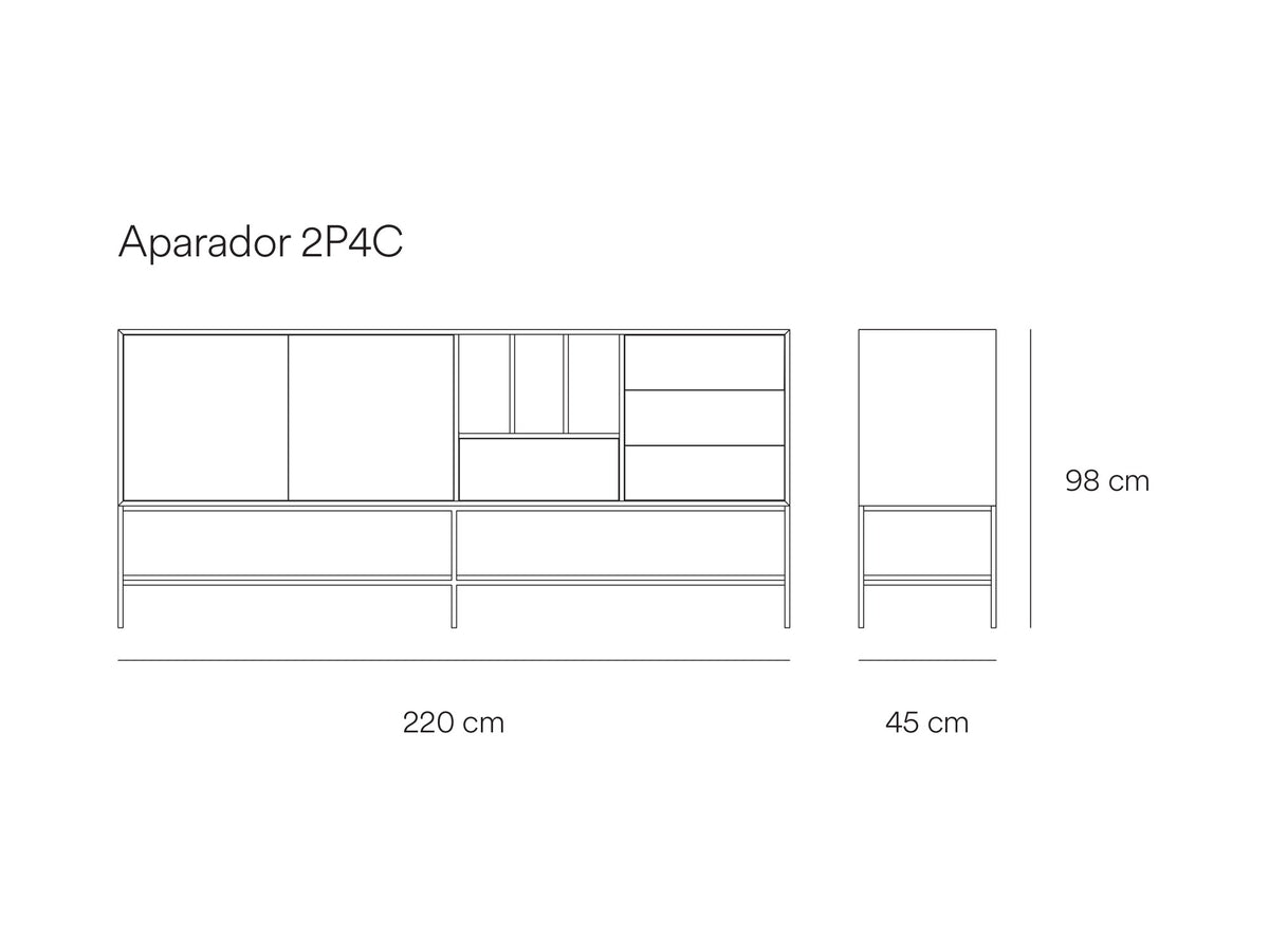 Croquis de medidas de Aparador PLATT de 220 cm con 2 puertas y 4 cajones – Teulat