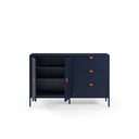 Aparador SAYLA de 140 cm con 2 puertas y 3 cajones, en azul oscuro, con las puertas abiertas