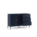 Aparador SAYLA de 140 cm con 2 puertas y 3 cajones, en azul oscuro, con los cajones abiertos