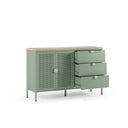 Aparador SAYLA de 140 cm con 2 puertas y 3 cajones, en verde menta, con los cajones abiertos