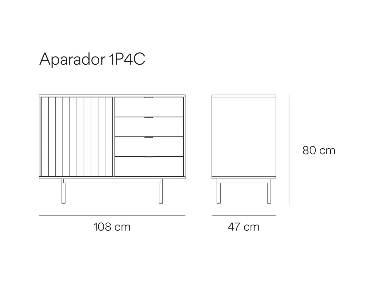 Croquis de medidas de Aparador SIERRA de 108 cm con 1 puerta y 4 cajones – Teulat