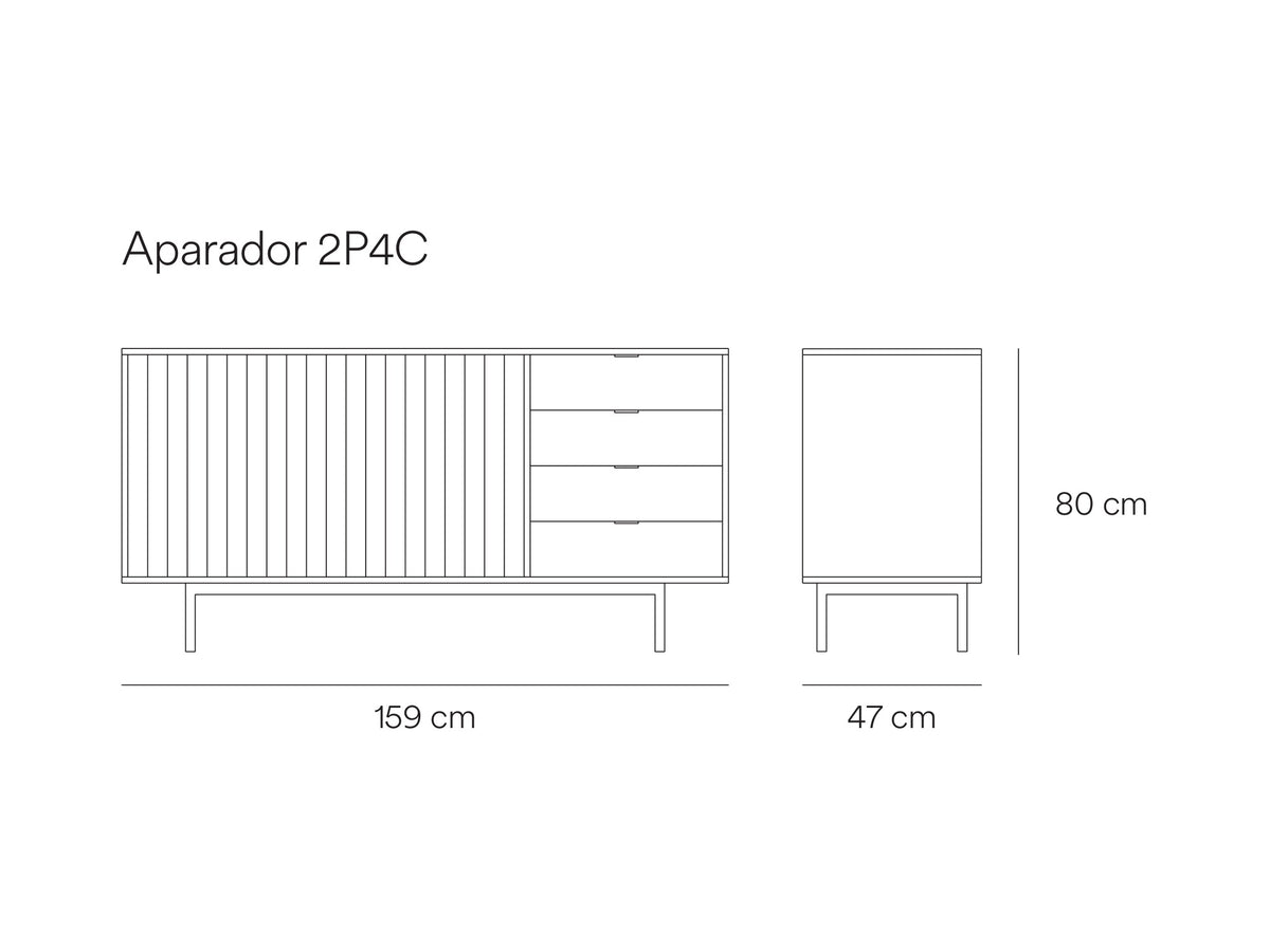 Croquis de medidas de Aparador SIERRA de 159 cm con 2 puertas y 4 cajones – Teulat
