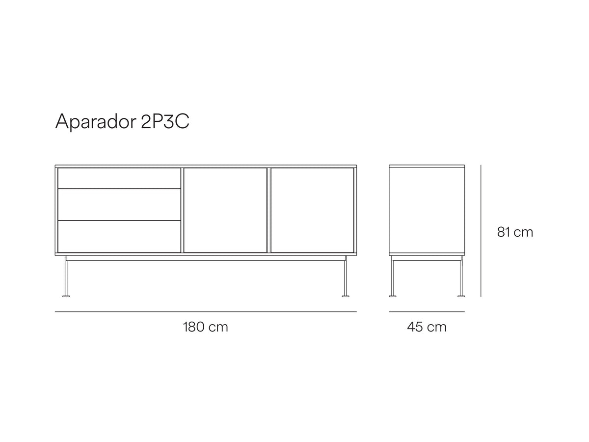 Croquis de medidas de Aparador YOKO de 180 cm con 2 puertas y 3 cajones – Teulat