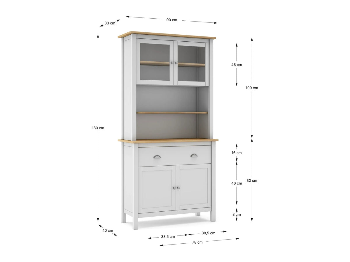 Croquis de medidas de Buffet MUSGO de 90 cm con vitrina y 4 puertas