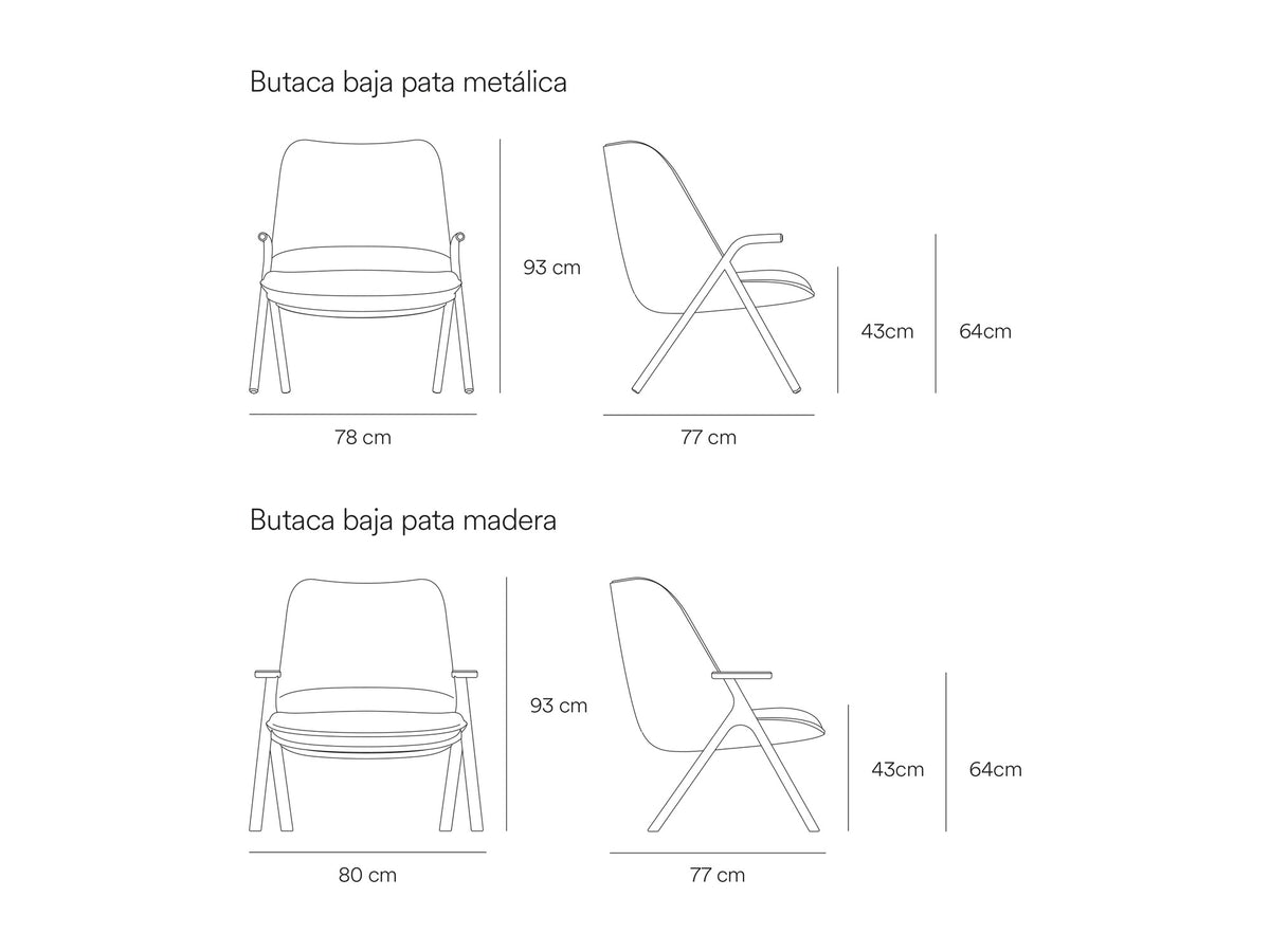 Croquis de medidas de Butaca DINS de 93 cm con patas de metal o de haya – Teulat