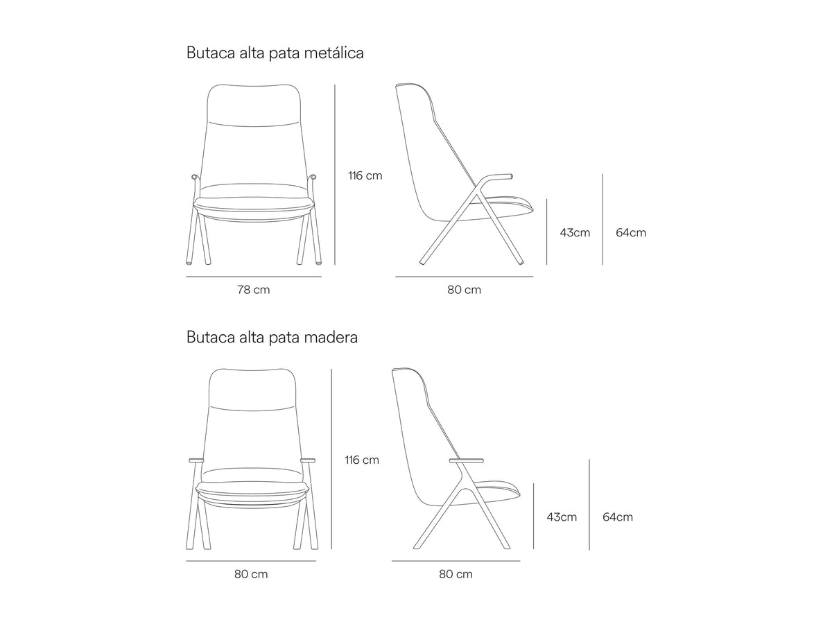 Croquis de medidas de Butaca DINS de respaldo alto con patas de metal o de haya – Teulat