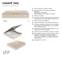 Especificaciones técnicas del canapé abatible TAKI: estructura de 30 mm y altura total de 25 cm