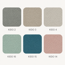 Muestrario del tejido Kido en gris, bronce, beige, rosa, cerúleo y menta