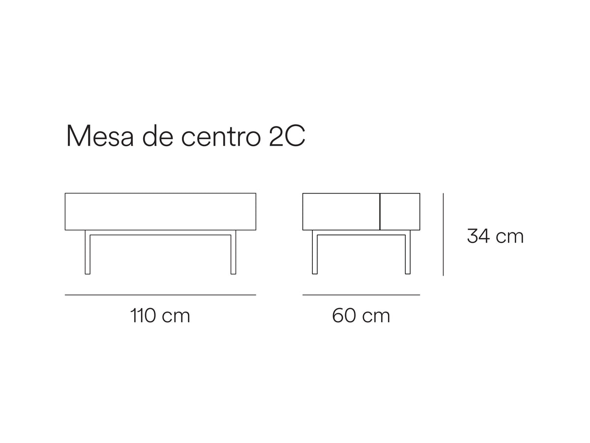 Croquis de medidas de Mesa de centro ARISTA de 110 cm con 2 cajones – Teulat