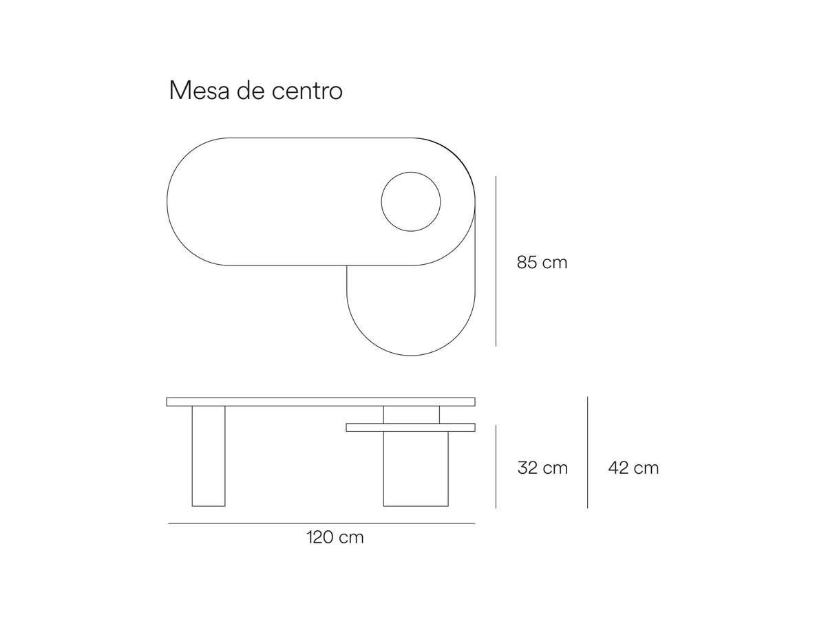 Croquis de medidas de Mesa de centro NORI de 120 cm a dos alturas – Teulat