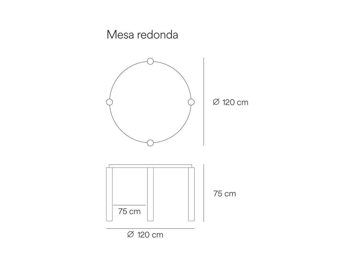 Croquis de medidas de Mesa de comedor redonda ATLAS de 120 cm para 4 a 6 personas – Teulat