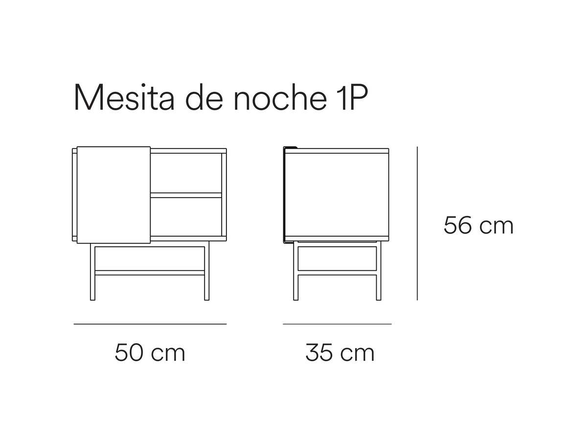 Croquis de medidas de Mesita de noche NUBE de 50 cm con 1 puerta corredera – Teulat