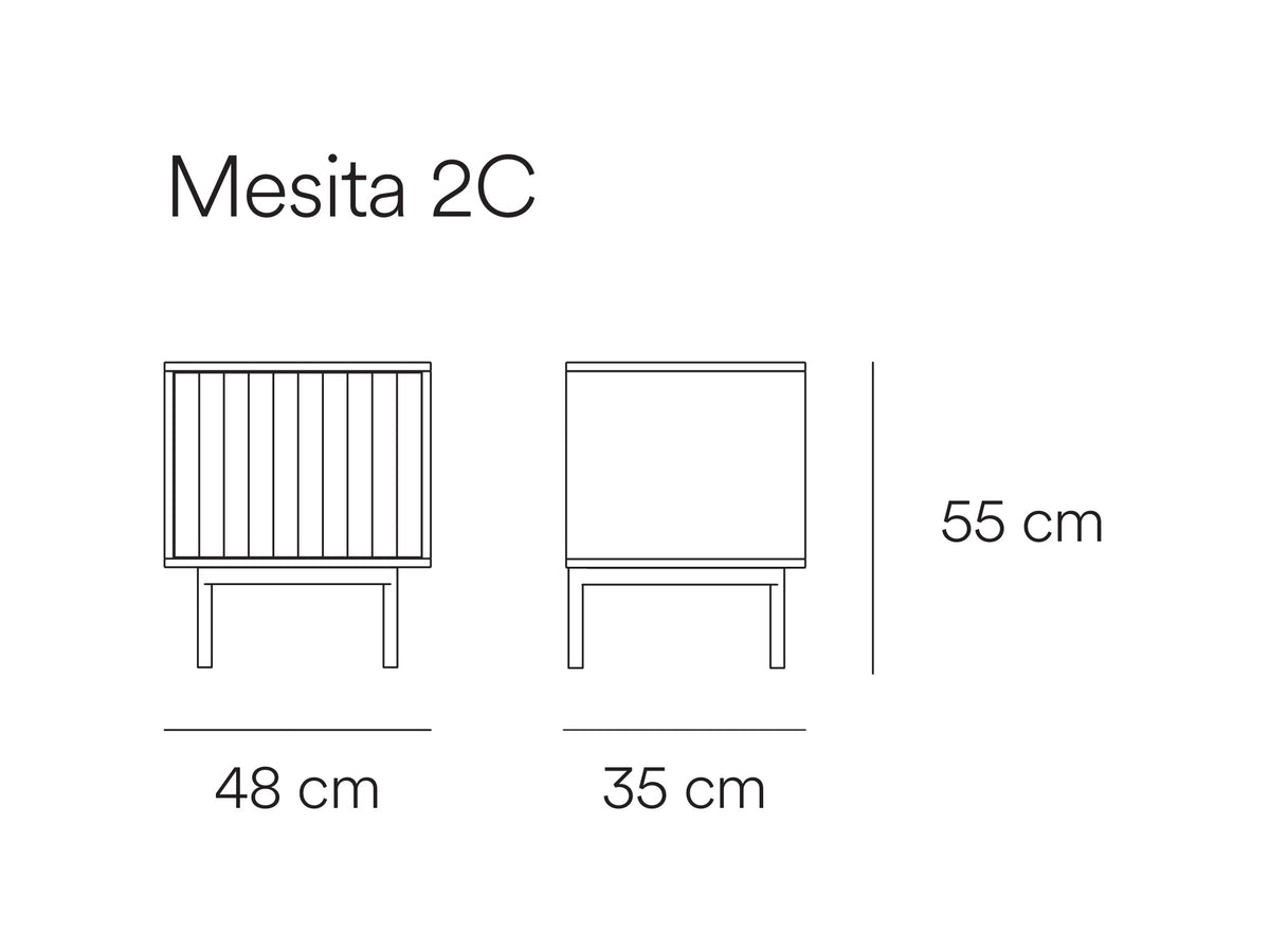 Croquis de medidas de Mesita de noche SIERRA de 48 cm con 2 cajones – Teulat