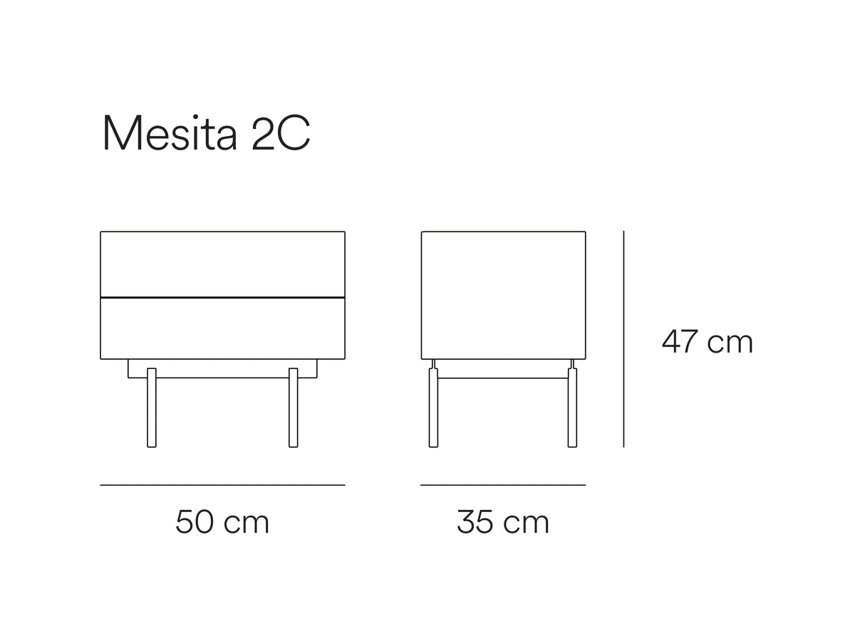 Croquis de medidas de Mesita de noche OTTO de 50 cm con 2 cajones – Teulat