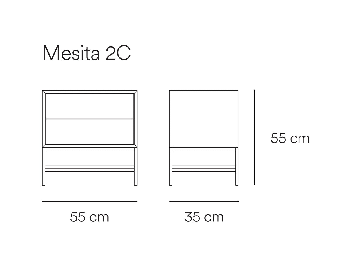 Croquis de medidas de Mesita de noche PLATT de 55 cm con 2 cajones – Teulat