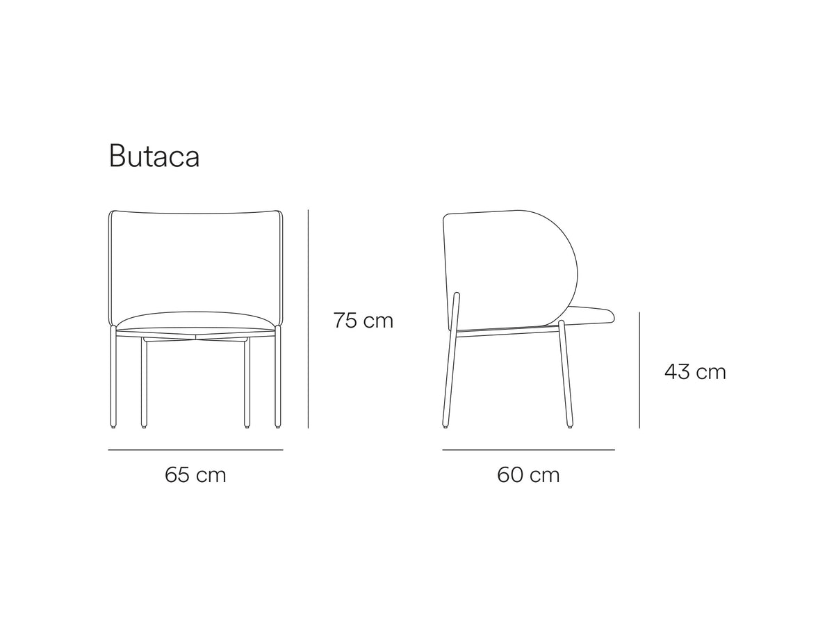 Croquis de medidas de Butaca MOGI tapizada de 65 cm – Teulat