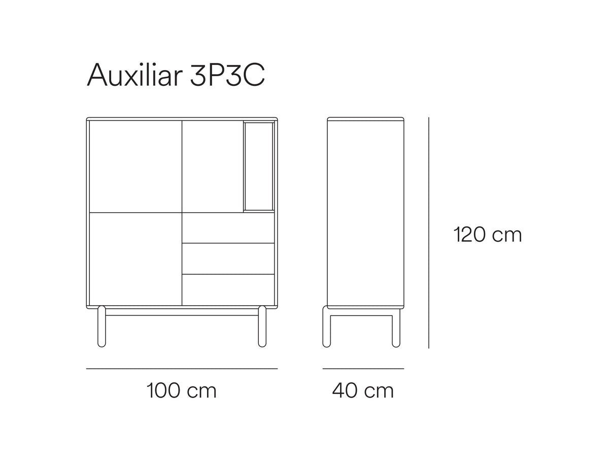 Croquis de medidas de Mueble auxiliar alto CORVO de 100 cm con 3 puertas y 3 cajones – Teulat