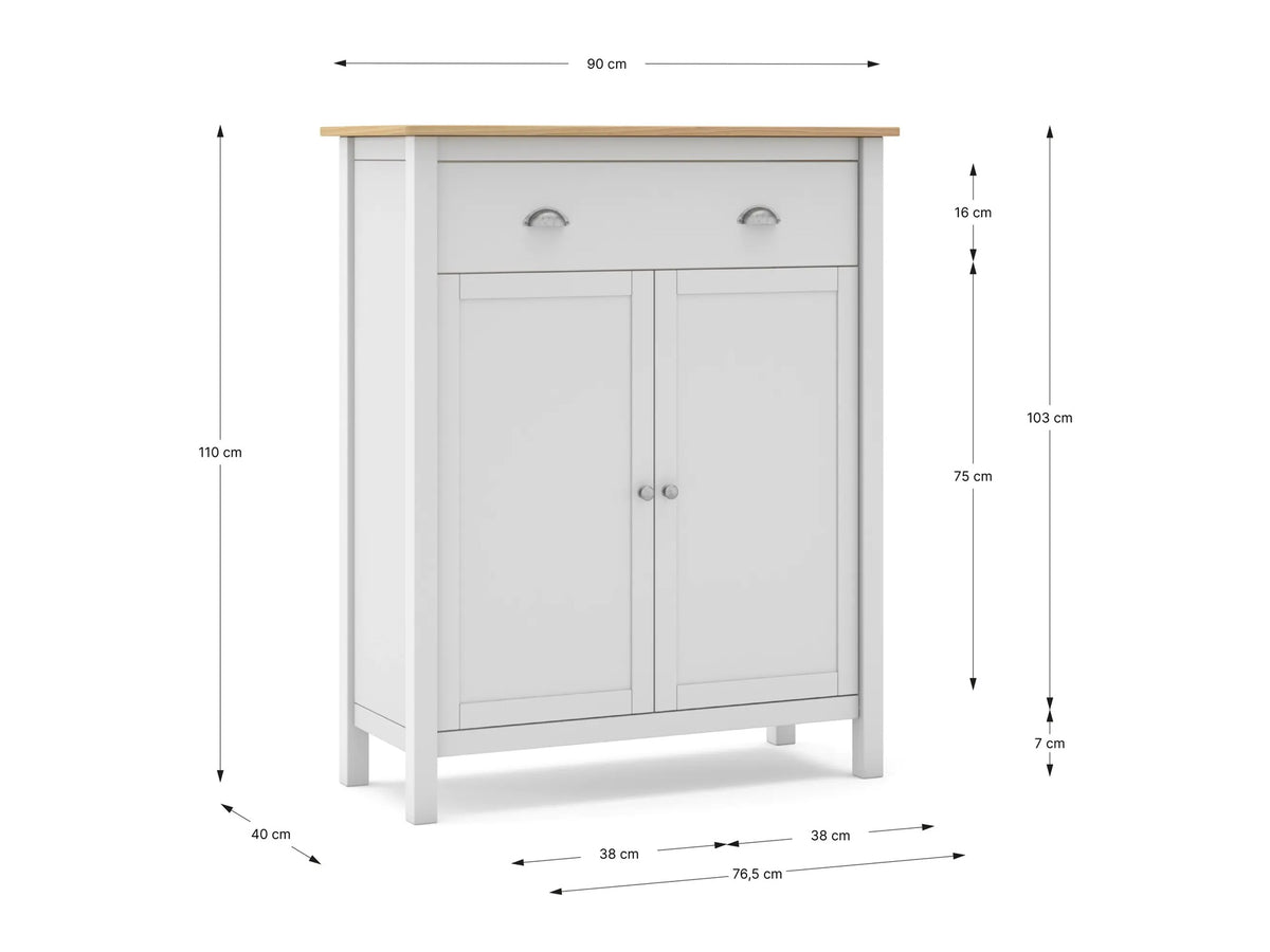 Croquis de medidas de Mueble auxiliar alto MUSGO de 90 cm con 2 puertas y 1 cajón