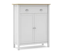 Mueble auxiliar alto MUSGO de 90 cm con 2 puertas y 1 cajón, en blanco, vista en perspectiva