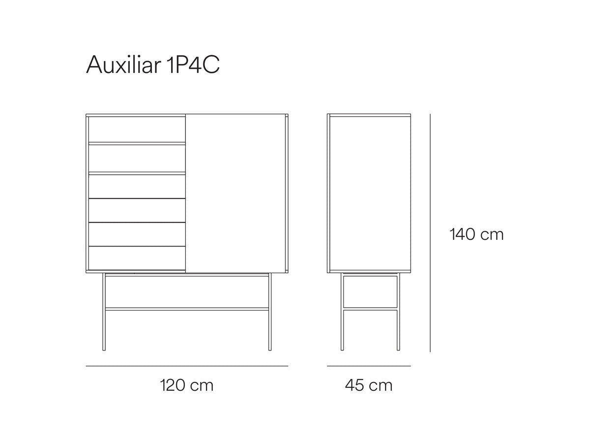 Croquis de medidas de Mueble auxiliar alto NUBE de 120 cm con 1 puerta corredera y 4 cajones – Teulat