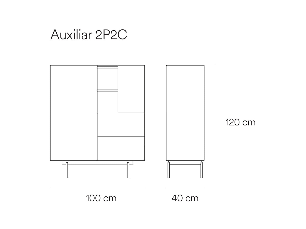Croquis de medidas de Mueble auxiliar alto OTTO de 100 cm con 2 puertas y 2 cajones – Teulat