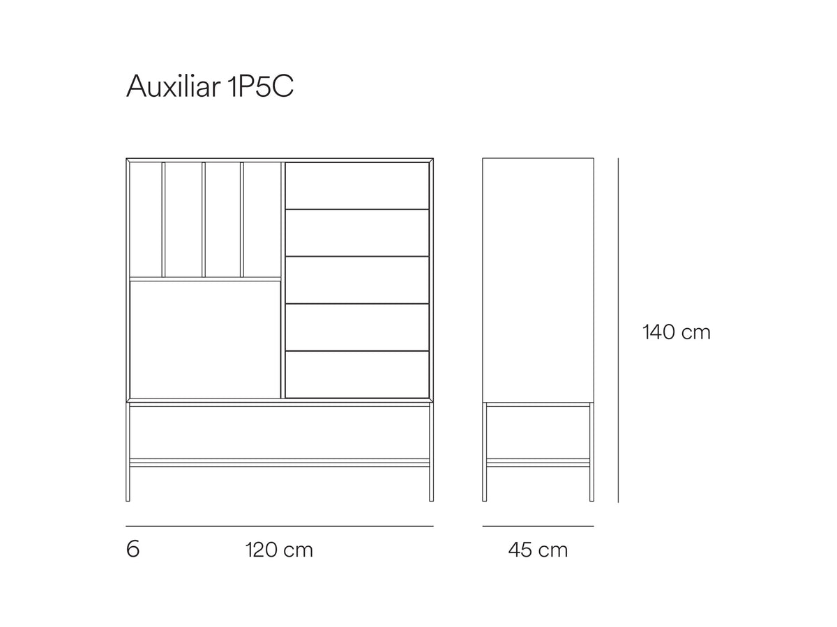 Croquis de medidas de Mueble auxiliar alto PLATT de 120 cm con 1 puerta y 5 cajones – Teulat