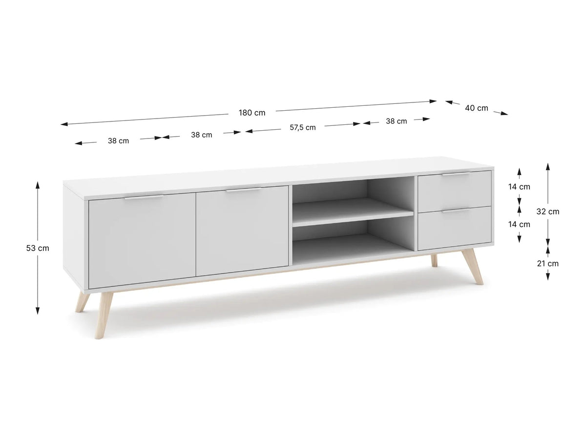 Croquis de medidas de Mueble TV CAMPUS de 180 cm con 2 puertas, 2 cajones y 2 huecos