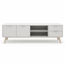 Mueble TV CAMPUS de 180 cm con 2 puertas, 2 cajones y 2 huecos, en blanco, vista frontal
