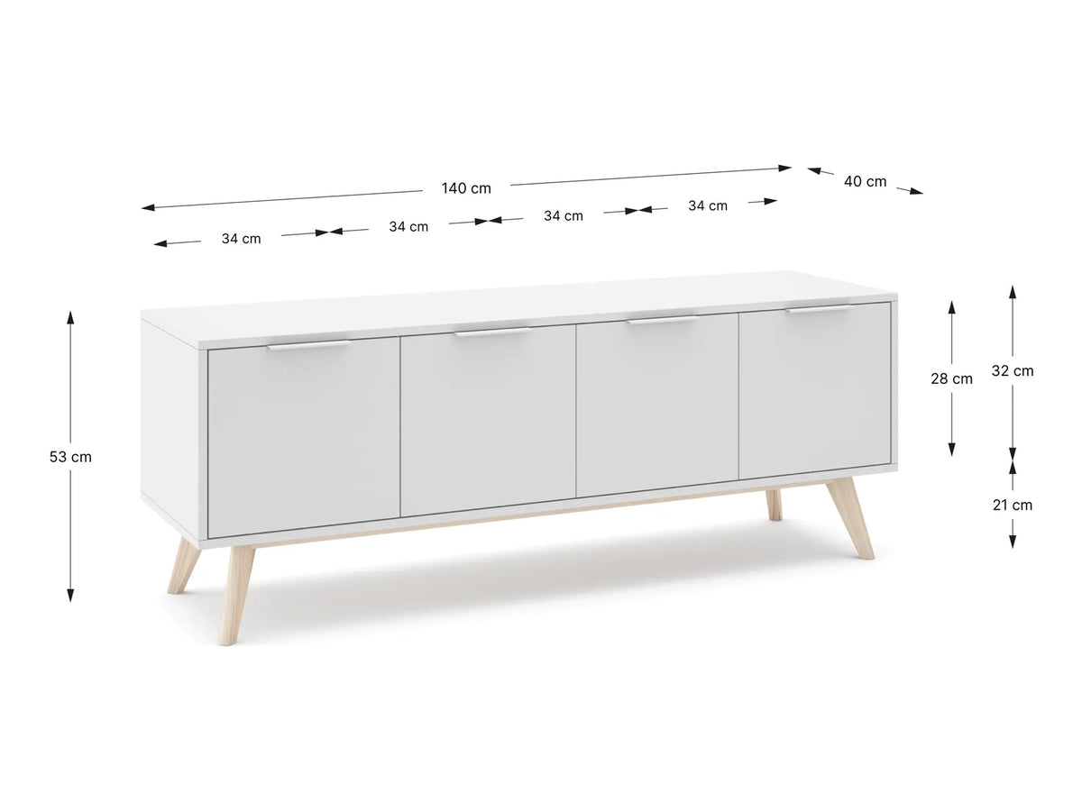 Croquis de medidas de Mueble TV CAMPUS de 140 cm con 4 puertas