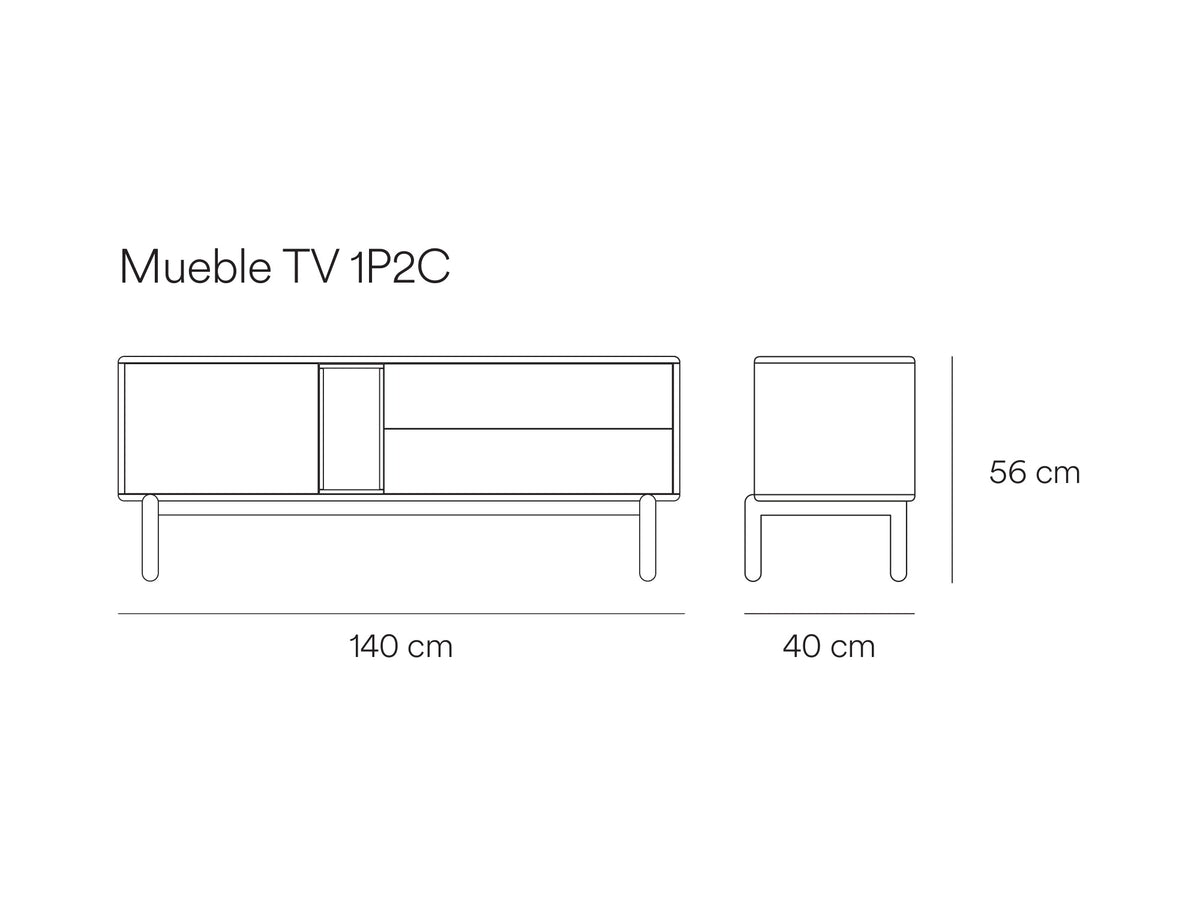 Croquis de medidas de Mueble TV CORVO de 140 cm con 1 puerta y 2 cajones – Teulat