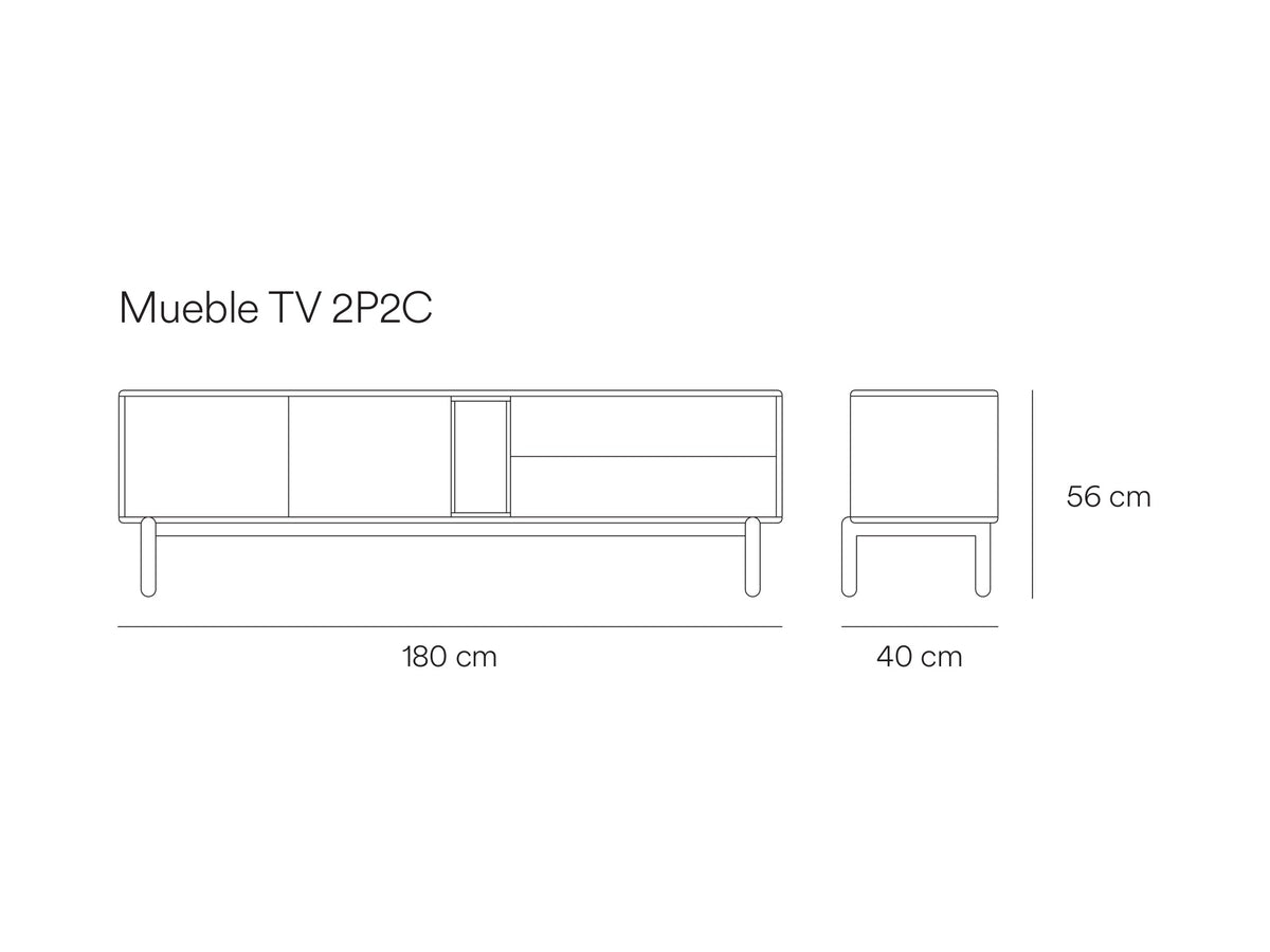 Croquis de medidas de Mueble TV CORVO de 180 cm con 2 puertas, 2 cajones y 1 nicho – Teulat
