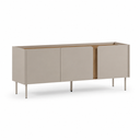 Mueble TV LUCILE de 140 cm con 3 puertas, en crema y roble, vista en perspectiva