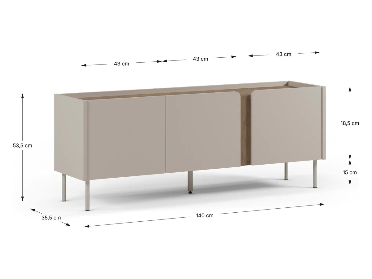 Croquis de medidas de Mueble TV LUCILE de 140 cm con 3 puertas